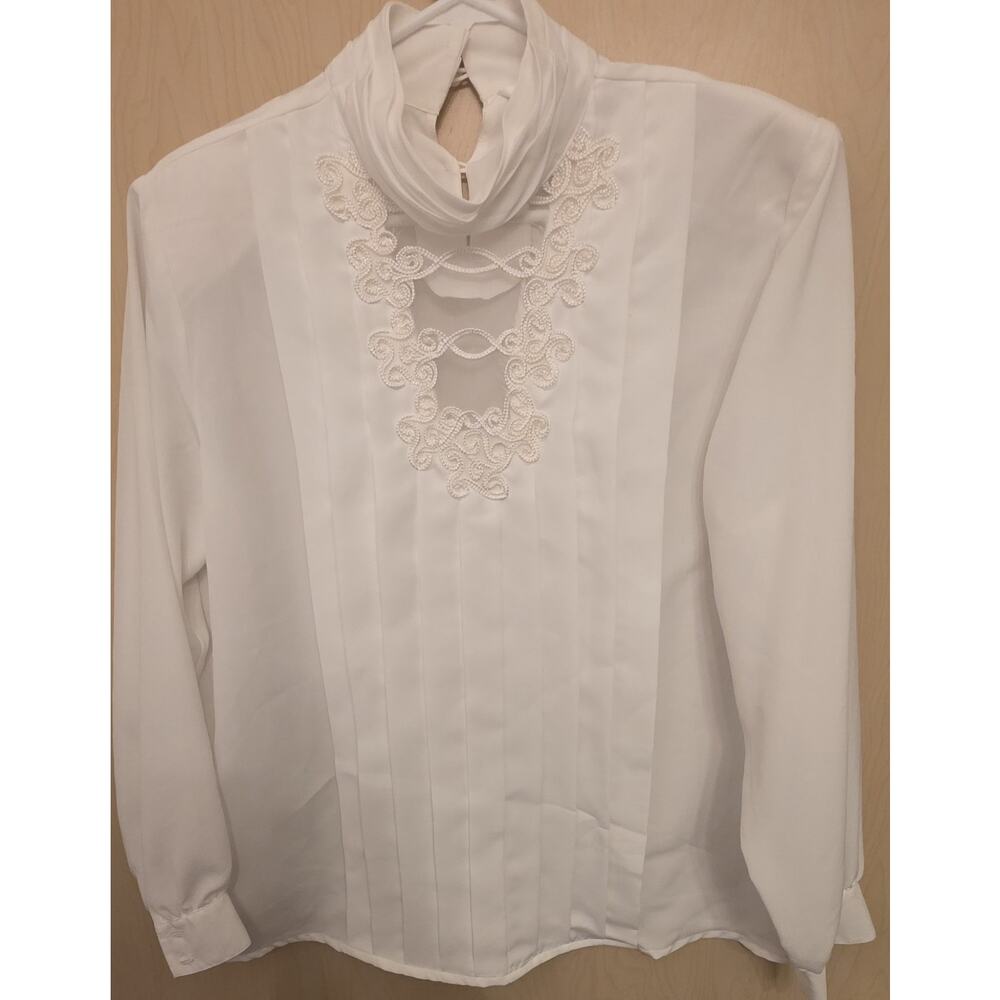 Vintage Sellecca White Beaded Mock Neck Blouse 80s Victorian Bridal Size 14